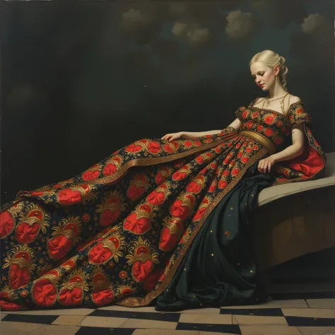 hollow figure layed down seen from toe to head angle on 3/4 on curved body position, on long black and red robe full of faces draw and as golden ornaments, future baroque, futuristic Renaissance, royal alien, fashion art, dark colors, black and cloudy mini...