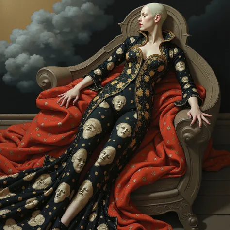 hollow figure layed down seen from toe to head angle on 3/4 on curved body position, on long black and red robe full of faces draw and as golden ornaments, future baroque, futuristic Renaissance, royal alien, fashion art, dark colors, black and cloudy mini...