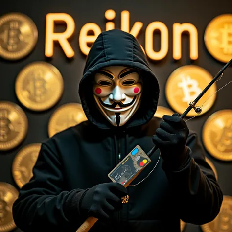 hacker wearing a mask from Anonymous holding a fishing rod with a credit card on the tip with the colors of the image predominating in gold and white he must be wearing gloves and black clothes with the word "Reikon " in the background of the image with bi...