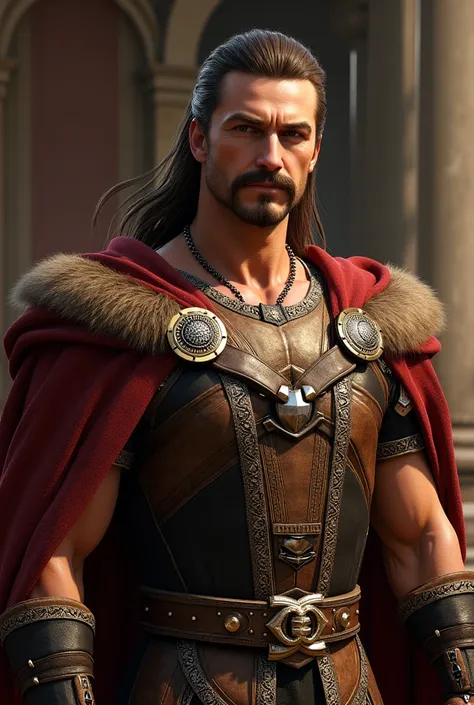 Realistic and detailed image of a tall, athletic and handsome man with long hair tied back, brown hair, moustache and black eyes, wearing black and royally expensive medieval clothing.