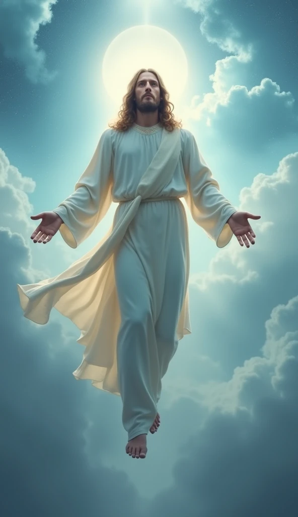 Image of Jesus staring straight ahead and floating in the sky 