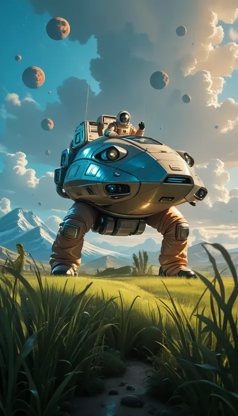 an astronaut,( full body:0.8), (science-fiction astronaut  :1.3) Extraterrestrial jungle,with a (lunar vehicle :1.4), (hostile planet ),(mountains:1.2) (Tall grass:1.4), rocks, fluffy clouds in the sky,  highly detailed , Fine details, intricate,(bloom:0.8...