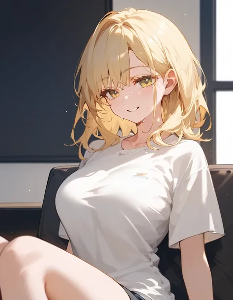 Score_9,Score_8_up,Score_7_up,highest quality, source_anime, highest quality, BREAK 1 girl, cute, 28 years old, (curvy), (medium hair:1.2), bangs, (light yellow hair:1.3), (light yellow eyes), (large breasts:0.9), (thin eyelashes:1.3), close up, white t-sh...