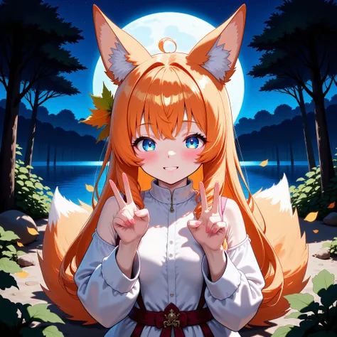 Highly Detailed,High Quality,Fox Girl,Hair Orange,Blue eyes,Maple Leaf on hair,Cute,Hairclip,Long Hair,Wearing cozy clothes,Full Body,Hands detailed (five Fingers),Fantasy,Moon Reflect glowing,Emotion Happiness,Starry night,magical ambiant in a Forest with...