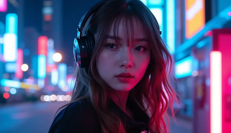 The best photos for TikTok、Beauty、 dynamic angle 、ヘッドフォンをしているBeauty、Night city background with neon lights
