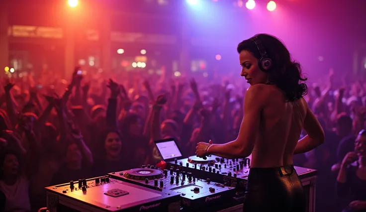 Fran Drescher is dj with wirelesse headphone, dj pioneer, front view ,surrounded by lots of excited people.