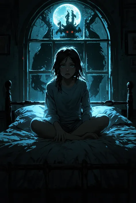 ".  , the girl sitting on top  . Bed in pajamas   ,  ,   her posture tense  , , , and her eyes bore wide with fear  ..  ,   she looked with concern  ., mirrors .  Dark room ,    casts a shadow on the wall   . Through the window   ,     with the black shado...