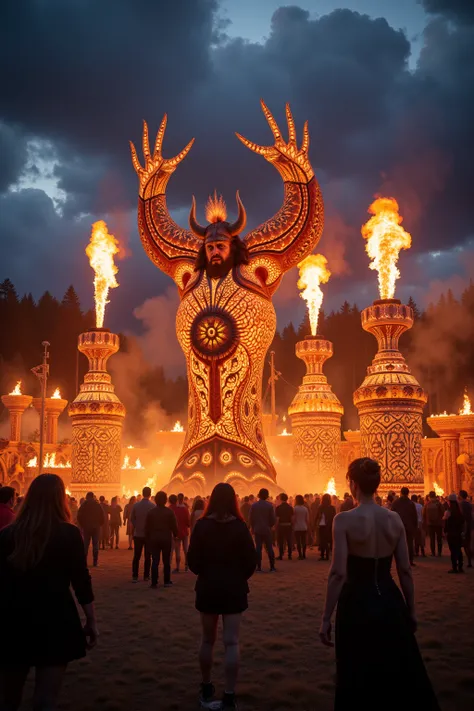 A Cinnematic Photo of a dramatic outdoor festival setting with vibrant natural light, elaborate fire sculptures, and intricate Viking designs that evoke ancient mystique and modern innovation at UP HELLY AA, hyper-realistic, 4k, highly detailed ,stylize 70...