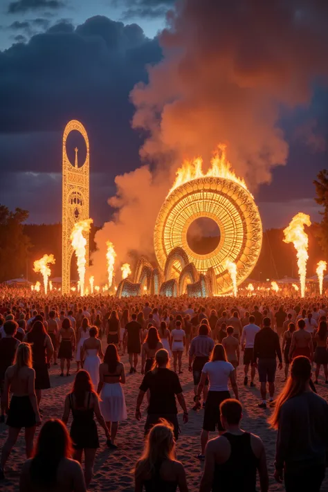 A Cinnematic Photo of a dramatic outdoor festival setting with vibrant natural light, elaborate fire sculptures, and intricate Viking designs that evoke ancient mystique and modern innovation at UP HELLY AA, hyper-realistic, 4k, highly detailed ,stylize 70...