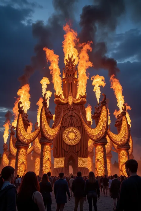 A Cinnematic Photo of a dramatic outdoor festival setting with vibrant natural light, elaborate fire sculptures, and intricate Viking designs that evoke ancient mystique and modern innovation at UP HELLY AA, hyper-realistic, 4k, highly detailed ,stylize 70...