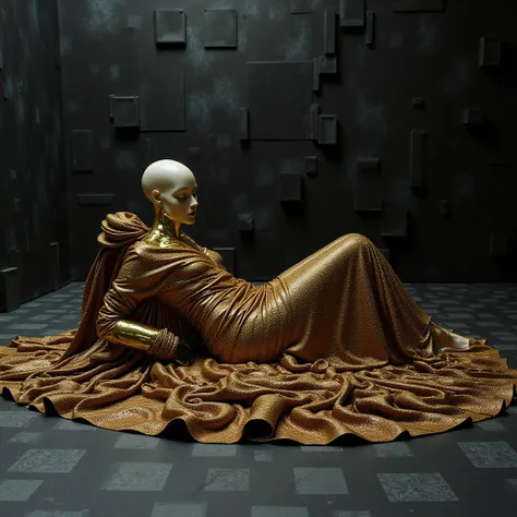 hollow figure with no face head down, layed down on the floor seen from toe to head angle on 3/4 on curved body position, on long robe spread full of golden ornaments, future baroque, futuristic Renaissance, royal alien, fashion art, dark colors, black and...