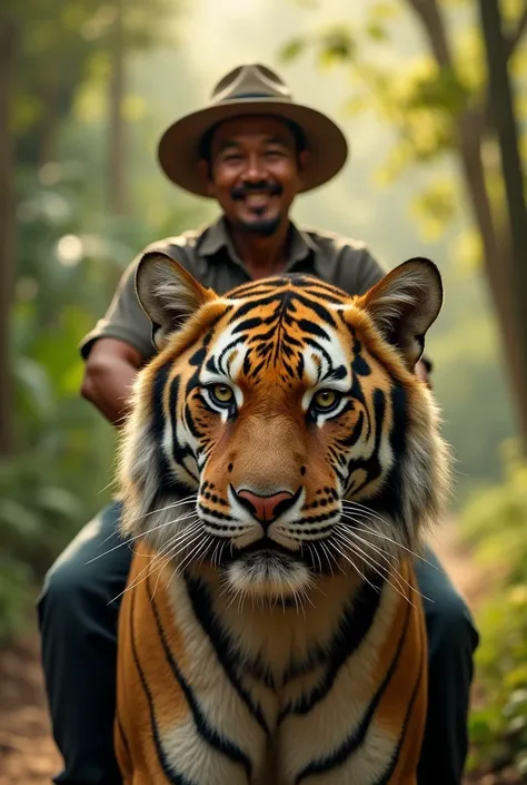 A 40-year-old Indonesian man wearing a hat and a switear is riding a ferocious tiger,  shows a cheerful facial expression ,  they look familiar as if they were old friends ,  background of dense forest with bright sunshine , Adem rural atmosphere ,  photo ...