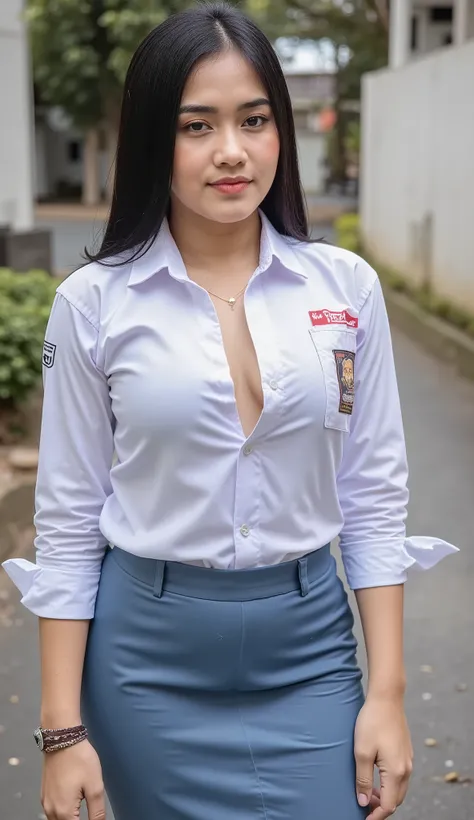 jakarta high school, indonesian brown cute girl 19 years old posing sexy, busty body, photo shoot, realistic, the shirt 2 buttons is open, very long skirt, big boobs, black libg oonytail hair, in front of school, tanned skin, standing next to wall, wet clo...