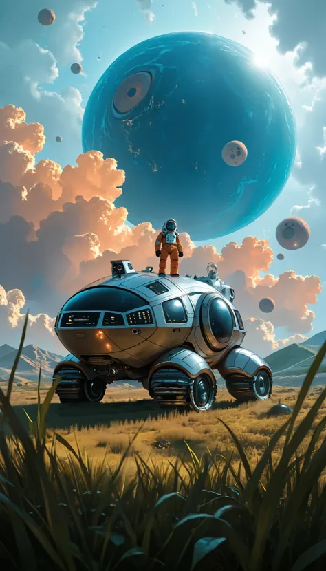 an astronaut,( full body:0.8), (science-fiction astronaut  :1.3) Extraterrestrial jungle,with a (lunar vehicle :1.4), (hostile planet ),(mountains:1.2) (Tall grass:1.4), rocks, fluffy clouds in the sky,  highly detailed , Fine details, intricate,(bloom:0.8...