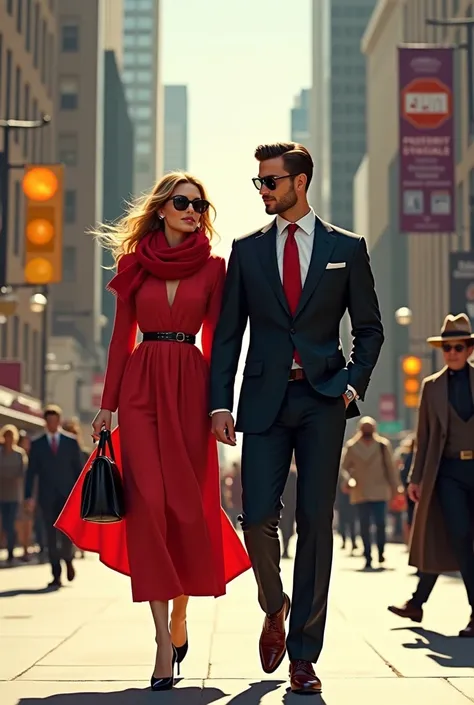   Couple of a man and a woman  ,  him in a suit and she in an elegant red dress and a red scarf,  Walking through the city of New York , an illustrated image  