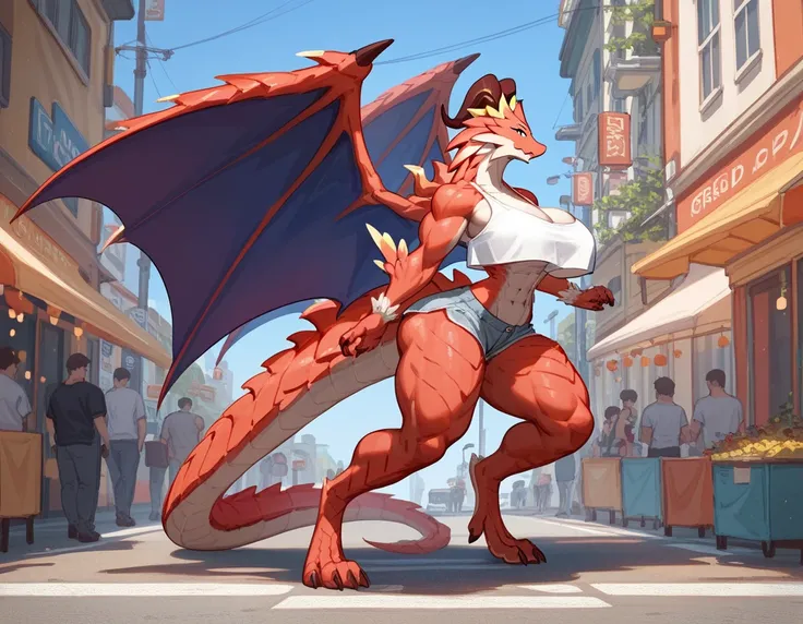 Full Dragon red brunhilda sexy hot thicc muscular female, (mega breasts:1.0) very long digitigrade legs, (large wide hips, voluptuous hourglass shape body) (white small crop top, overhaning short crop top, low waist hot pants) huge wings and very thick mas...