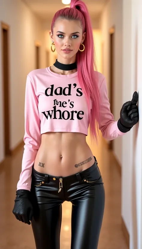 Ultra realism, photorealist, cinematic photo of beautiful and sexy russian woman", super long bright pink hair, Clear and bright blue eyes, beautiful background, (slender, thick hips:2.2), (toned abs:2.5), (( ABS visible)), Wide hips, fat ass, (((black lat...