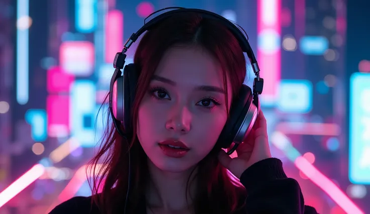 The best photos for TikTok、Beauty、 dynamic angle 、ヘッドフォンをしているBeauty、Night city background with neon lights