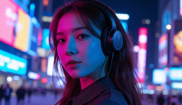 The best photos for TikTok、Beauty、 dynamic angle 、ヘッドフォンをしているBeauty、Night city background with neon lights