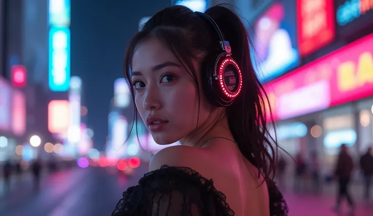 The best photos for TikTok、Beauty、 dynamic angle 、ヘッドフォンをしているBeauty、Night city background with neon lights