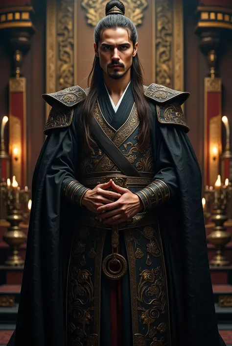 Realistic and detailed image of a tall, athletic and handsome king with long hair tied back, brown hair, mustache and black eyes, wearing black Japanese medieval royal clothing.