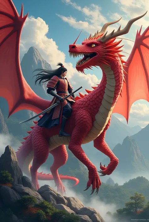 Long Hair, samurai riding a red dragon. Japanese anime. Highly detailed.
