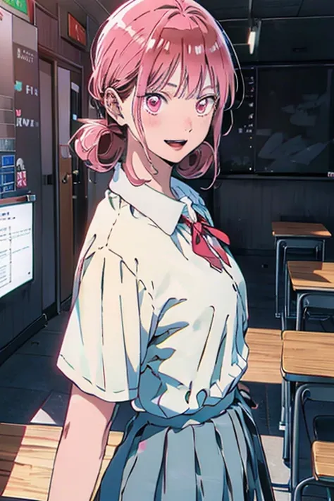 (from below:1.3,Best Quality),( Tight Breasts :1.2), (Pointed Chest:1.2),Chono hina, Solo,pink hair, pink eyes, hair bun, anime screen shot, anime scene, pink cardigan, diagonal-striped bow, red ribbon, grey skirt, pleated skirt, collared shirt, white shir...