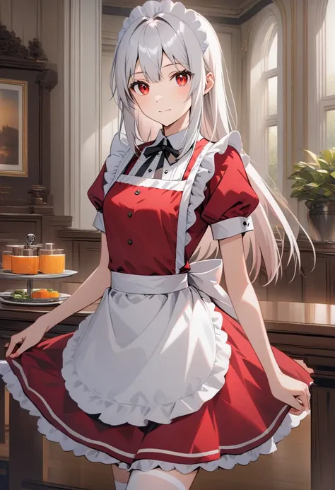 (masterpiece), best quality, expressive eyes, perfect face, 1 Girl, Tall, Tomboy, solo, long straight hair, white hair, red eyes, medium chests, gentle smile, red maid dress, short-sleeve, black maid neck ribbon, red maid skirt, short skirt, white thighhig...