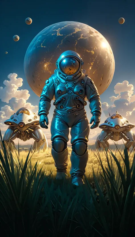 An astronaut comes face to face with Alien,( full body:0.8), (science-fiction astronaut  :1.3) with a (lunar vehicle :1.4), (hostile planet ),(mountains:1.2) (Tall grass:1.4), rocks, fluffy clouds in the sky,  highly detailed , Fine details, intricate,(blo...