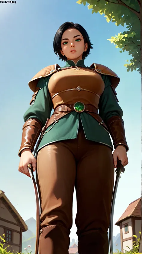  woman, green-eyed,  short black hair, wearing a warrior shoulder pad ,  brown leather pants,  Holding mark arrow in hand, Low-Angle Tracking Shot (Low Tracking)