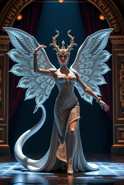 Opera Snake Queen,
Dramatic, Masquerade Master ,  Gorgeous Costume with a Floating Snake Pattern ,  Dark Opera House 