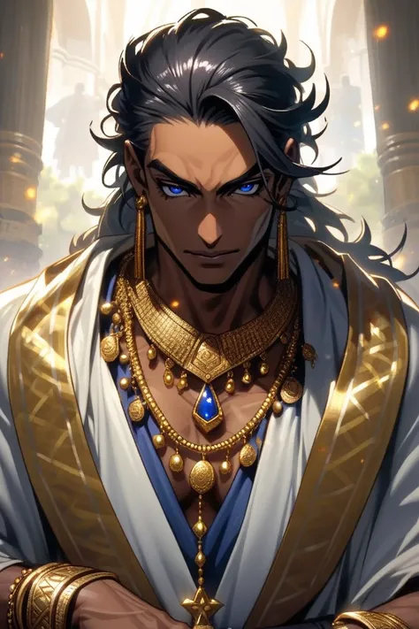  prince necklace, man, high, delgado,  tanned skin, ojos negros,  black hair,  wear noble Hindu clothing ,  wears gold necklaces and bracelets.