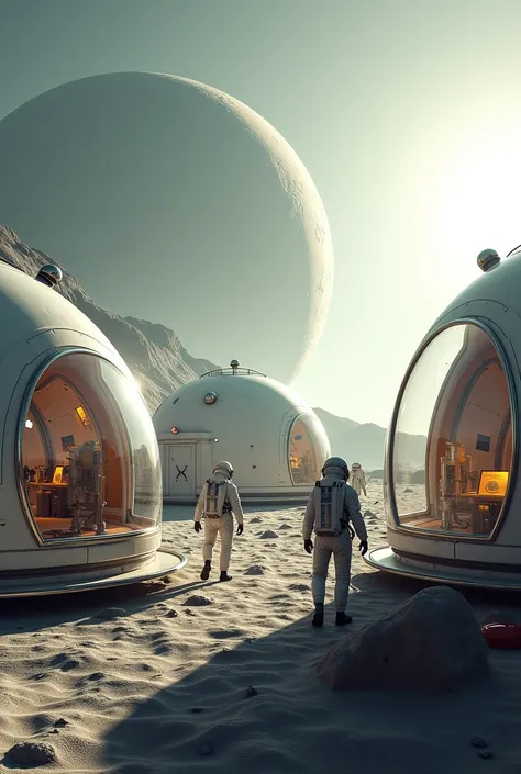 A colony on the moon, with domed habitats and astronauts working in low gravity.