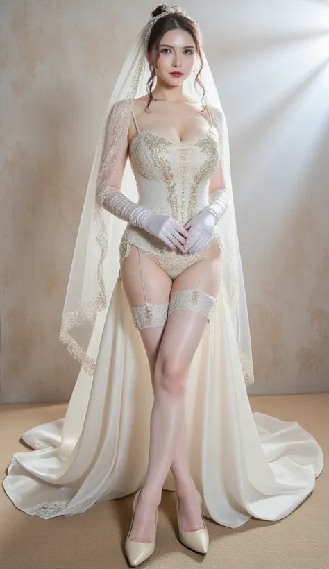 bride, bridal veil, bridal gauntlets, wedding dress, bridal garter, bridal legwear, white thighhighs, stiletto heels,,