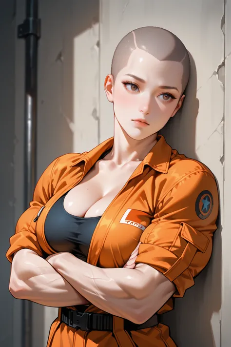 female prisoner, tattos, biceps, shaved head, sports bra, orange jumpsuit, leaning against wall, crossed arms, pushing boobs, cleavage