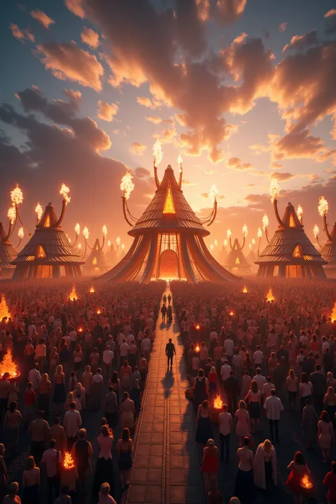 A Cinnematic Photo of a panoramic view of a lively festival environment blending futuristic aesthetics with Viking tradition, featuring burning structures and artistic installations under a brilliant sky at UP HELLY AA, hyper-realistic, 4k, highly detailed...