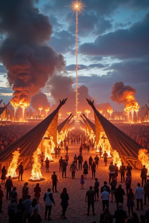 A Cinnematic Photo of a panoramic view of a lively festival environment blending futuristic aesthetics with Viking tradition, featuring burning structures and artistic installations under a brilliant sky at UP HELLY AA, hyper-realistic, 4k, highly detailed...