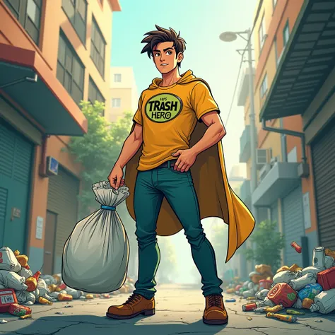 Please create charcter Leo with a confident look, holding a trash bag. He has a “Trash Hero” badge on his shirt, emphasizing his superhero persona.