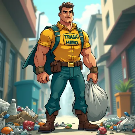 Please create charcter Leo with a confident look, holding a trash bag. He has a “Trash Hero” badge on his shirt, emphasizing his superhero persona.