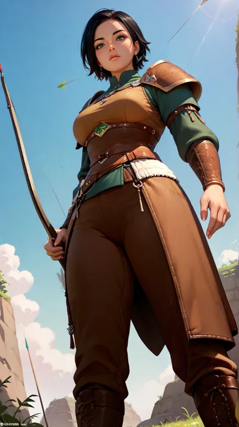  woman, green-eyed,  short black hair, wearing a warrior shoulder pad ,  brown leather pants,  Holding mark arrow in hand, Low-Angle Tracking Shot (Low Tracking)