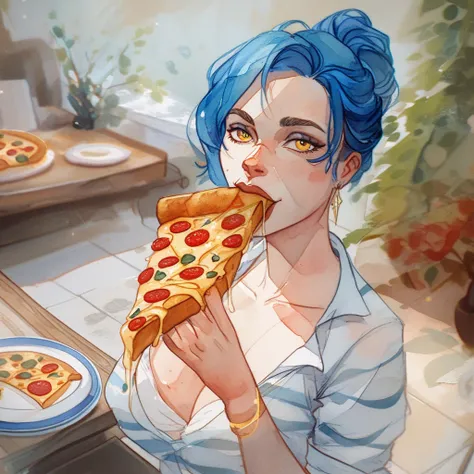 Nina is a 40-year-old woman, Athletic, short blue hair, yellow eyes and beautiful. she is eating a pizza in an Italian restaurant. the style of the image is drawing, stunning digital illustration, Highly detailed 4k digital art, Beautiful digital artwork, ...