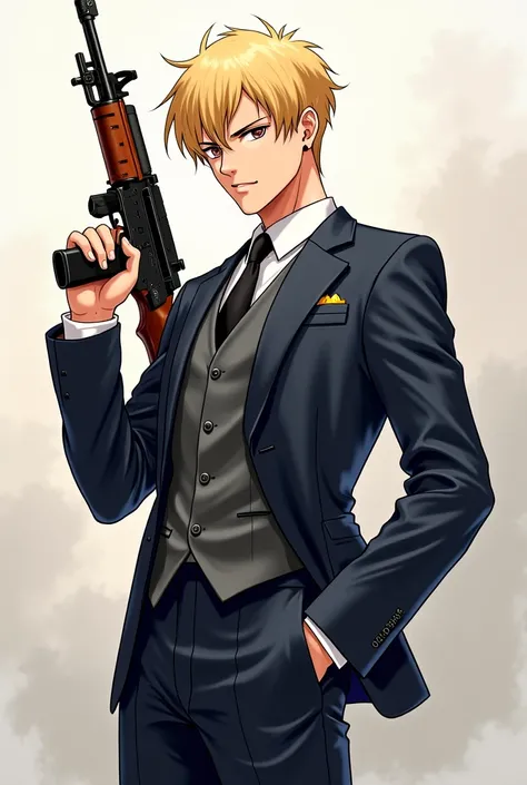 Create a male character who is blond with elegant clothes and an ak on his right hand and an uzi on his left hand in anime style