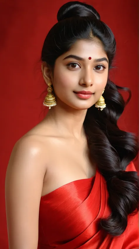 Sai Pallavi Indian saree longhair very thicklonghair silky longhair very longhair knee length thicklonghair longhair black hair red screen background clear face close-up Flipped longhair flipped very thicklonghair Flipped silky longhair prefect lips ultrar...