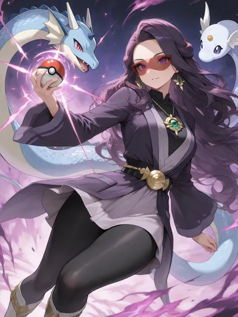 (masterpiece, best quality, ultra-detailed character, high resolution, 8k), 1girl, A fierce yet graceful young female Pokémon trainer with long, flowing hair in shades of deep emerald green and silver, reminiscent of dragon scales. She wears a sleek, dark ...