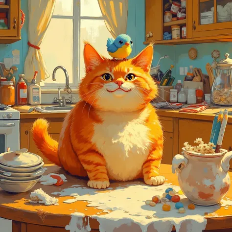 Illustration of art with acrylic paints. A fat funny red-haired cat is sitting on the kitchen table. There are dishes and groceries around him, milk is spilled. A small blue bird with a yellow breast sits on the cat's head. The atmosphere is warm and sunny...