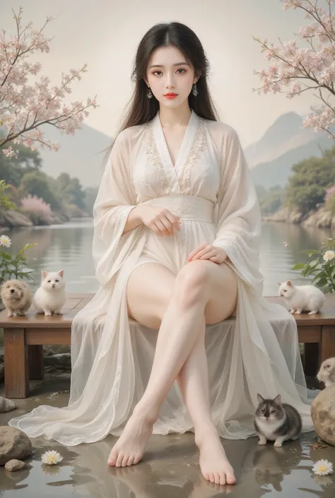 8k, masterpiece, best quality, two-dimensional, (Chinese traditional ink painting:0.2), (perfect hands:1.4), stockings，Wearing hanfu，The stockings on the legs are exposed，River in the background，koyama，Small animals