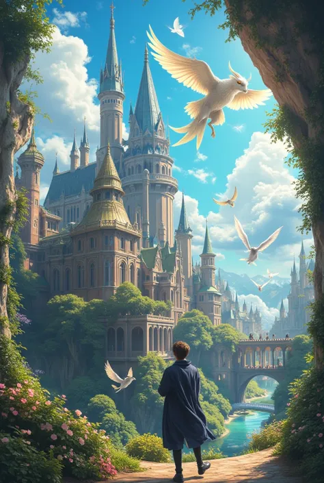 18-year-old male student in magical school yard , magnificent magic school building, magical creatures flying, multiverse style 