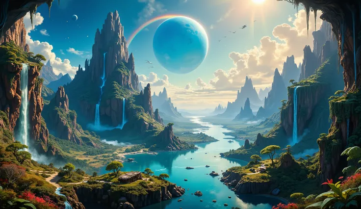  beautiful landscape , incredible landscape,  big and beautiful waterfalls , Infinite blue sky, rainbow, ruins pyramids ,  and the planet Saturn in the sky,  amazingly absurd ,  masterpiece,  high resolution,  Very detailed,  high quality,  high resolution...