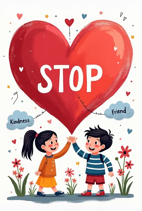  Central theme :  A big heart ,  with a symbol of  "stop"  in the middle .  The heart represents love and friendship , while the  "stop"  symbolizes stopping bullying .
Around the heart :  Draw two smiling ren ,  one that reaches out to the other ,  to sym...