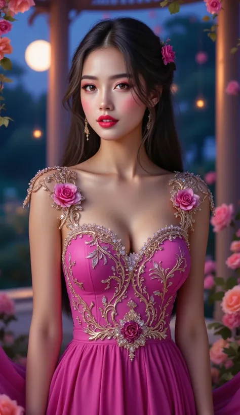  soft and romantid digital art of a beautiful thai woman soft skin soft skin long straight hair , Pink lips wear a beautiful magenta dress her shoulders are decorated with 3 -flowers rose 3d pink purple yellow shimmering intricate pattern swirling swivel a...